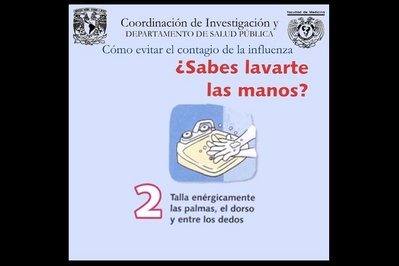 Cartaz desenvolvido pela Coordenao de Investigao e Departamento de Sade Pblica do Mxico com orientaes sobre como devem ser lavadas as mos. Palavras-chave: Gripe. H1N1. Pandemia. Mxico. Escola. Flder.
