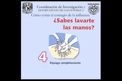 Cartaz desenvolvido pela Coordenao de Investigao e Departamento de Sade Pblica do Mxico com orientaes sobre como devem ser lavadas as mos. Palavras-chave: Gripe. H1N1. Pandemia. Mxico. Escola. Flder.