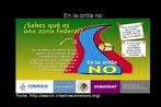 Imagem de um cartaz mexicano, cujo texto  sobre os problemas gerados quando se vive em uma zona federal, como  o caso dos rios. Palavras-chave: Margem. Poluio. Cultura. Orilla. Interdiscurso. Basura. Viver. Morar. Habitar.