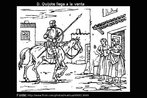 Don Quijote llega a la venta que cree ser un castillo. En la imagem Don quijote y mozas de partido, madrinas de su investidura caballeril. Palavras-chave: Caballero. Novela. Quijote. Folhas. Castillo.