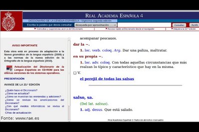 Definio da palavra "salsa" segundo o dicionrio da Real Academia Espanhola. Palavras-chave: Verbete. Tradutor. Dicionrio. Entrada. RAE.
