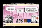 Charge de Andrs Faro sobre as frias. O que fazer com os avs, quando todos querem viajar? Palavas-chave: Abuela. Vacaciones. Espanhol. Chiste. Charge.