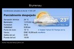 Imagem com a previso do tempo em Blumenau, Santa Catarina. Esto disponveis informaes sobre: humedad, sensacin trmica, visibilidad, punto de roco, viento, salida y puesta del sol. Palavras-chave: Clima. Previsin del tiempo. Meteorologia. Texto para sala de aula.