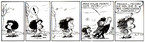 A imaginao de uma criana  sempre rica. A personagem Mafalda  um bom exemplo disso. No entanto, alm de representar o imaginrio infantil, el d voz a uma srie de crticas reprimidas. Que crtica parece estar presente neta tira? Palavras-chave: Quino. Criana. Tempo. Vento. Poltica. Crise.