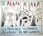 Charge cmica, relacionando o filme "Paixo de Cristo", de Mel Gibson, com o quadro "O Grito", de Munch. Palavras-chave: intertextualidade. Intepretao. Inferncia. Leitura. Filme. Cinema. Reao.