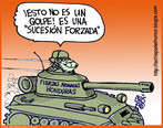 Esta charge remete ao golpe militar ocorrido em Honduras, no ano de 2009. O presidente deposto fugiu para o Brasil, onde foi abrigado pelo Itamaraty. A crise foi uma das mais significativas e tensas na histria recente da Amrica Latina, e revelou insatisfaes de vrios grupos polticos, e manifetaes a favor e contra, da parte de vrias naes. Palavras-chave: Democracia. Sociedade. Poltica. Exrcito. Fora. Autoritarismo. Ordem. Sucesso.