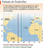 Mapa do Tratado de Tordesilhas. Palavras-chave: Descobrimento. Navegaes. Histria. Colombo. Amrica.  