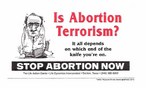 Desenho de um mdico com uma faca em uma mo e um cigarro aceso em outra. Leem-se as frases: "Aborto  terrorismo? Tudo depende de em que lado da faca voc est. Abaixo o aborto j".  Palavras-chave: endereo, caricatura, clandestino, interpretao de texto. 