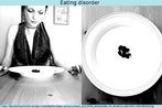 Foto de uma menina magra bem vestida e maquiada, a olhar para o prato de comida quase vazio. Ao lado, a foto em detalhe do mesmo prato. Palavras-chave: Doena. Sade. Alimentao. Anorexia. Bulimia.