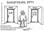  Nesta charge, um homem est diante de duas portas de apartamentos, cada um com uma inscrio: "2B" (two-bee/to be) e "not 2B", um trocadilho referente  fala de Hamlet na pea shakespereana homnima.   Palavras-chave: pun, humor, piada, verbo, teatro.