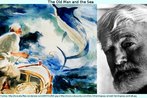 Montagem com ilustrao da narrativa "O velho e o mar", de Hemingway, e a foto do autor. Palavras-chave: Mar. Velho. Romance. Prosa. Estados Unidos. Peixe.
