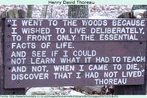 Foto de uma placa com a citao da explicao de Henry David Thoureau sobre sua "fuga para a floresta". Palavras-chave: Estados Unidos. Simplicidade. Literatura. Transcendentalismo.