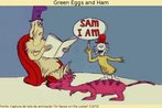 Captura de tela da animao Dr Seuss on the Loose [http://www.lem.seed.pr.gov.br/modules/video/showVideo.php?video=13398], de 1973, em que aparecem o personagem Sam-I-am e o personagem sem nome. Na pgina de ingls, voc encontra mais informaes sobre essa animao e sobre o autor, Dr. Seuss. Palavras-chave: Literatura. Preconceito. Moral. Ovos. Verde. Presunto. Alimento. Diferente.