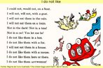 Nesta imagem, do livro "Green Eggs and Ham", (Dr Seuss), o personagem sem nome reitera que no gosta de ovos e presunto verdes, oferecidos por Sam-I-am. Para isso, utiliza rimas, frases negativas e verbos auxiliares. Palavras-chave: Gramtica. Verbos. Negao. Sintaxe. Poesia. Rima. Literatura.