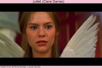 Nesta imagem, pode-se observar a personagem Juliet (interpretada pela atriz Clare Danes), do filme Romeo+Juliet, cujos trechos esto disponveis na TV Multimdia. Nesta cena, Juliet est surpresa pois acaba de descobrir que Romeo pertence  famlia Montegue, inimiga dos Capulet. Palavras-chave: Shakespeare. Romantismo. Romeu. Julieta. Conflito.