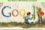 Detalhe de um doodle da empresa Google, produzido por ocasio da comemorao do 176 ano do nascimento do escritor estadunidense Mark Twain. No doodle,  mostrada uma das cenas mais marcantes de sua literatura - o menino Tom (The Adventures of Tom Sawyer, 1876) comendo a ma de seu amigo enquanto este faz a tarefa que ele devia fazer. Palavras-chave: Aventura. Lteratura. Estados Unidos. Meninos.