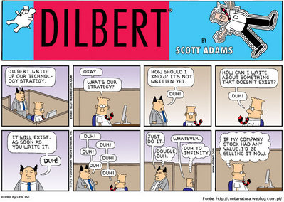 Charge em que a personagem Dilbert debate sobre a formulao de polticas da empresa com relao  tecnologia.

Palavras-chave: charge, gneros, textuais, poltica, empresa, tecnologia.