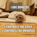 Foto de um gato enrolado em pano pardo, com linguagem lolcat. L-se: "Eu sou Dunecat, eu 'controla' o espao; eu 'controla' o universo".   Palavras-chave: gramtica, internets, gato, estimao. 