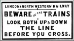 Foto de uma placa alertando sobre a passagem de trem, recomendando para que se olhe para os dois lados antes de atravessar a linha.   Palavras-chave: funo da linguagem, perigo, intencionalidade, trnsito.