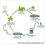 Esquema mostrando, atravs de setas e desenhos, como se d a produo e a utilizao de recursos por meio de uma economia baseada na sustentabilidade.  Palavras-chave: economia, poltica, ecologia, meio ambiente, sociedade, transporte, combustveis, agricultura, sustentabilidade.