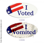 Foto de bottons com dizeres crticos ("Eu votei" e "Eu vomitei") em relao  poltica, relacionando o voto ao arrependimento.  Palavras-chave: voto, nojo, vmito, verbo, passado, eleio, direito, arrependimento.