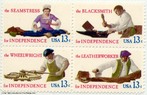 Foto de uma srie de selos estadunidenses antigos que tm como tema principal profisses tradicionais do pas.  Palavras-chave: profisses, consertador, rodas, costureira, engomador, afiador, selo.