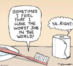 Charge mostrando uma escova dental conversando com um rolo de papel higinico sobre sua insatisfao com o trabalho que executa.  Palavras-chave: Servio. Ironia. Tira. Satisfao. Job.