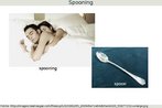 Foto de um casal abraado, dormindo, e tambm de uma colher. Abaixo, leem-se a palavra spooning, derivada da segunda palavra, spoon.  Palavras-chave: Gerndio. Derivao. Sufixo. Verbo. Gramtica. Expresso. Posio.