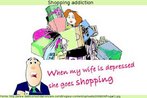 Nesta imagem, um homem olha preocupado para a esposa, cheia de pacotes de compras, e diz: "Quando minha esposa est deprimida, ela vai s compras".  Palavras-chave: Gerndio. Substantivo. Classes gramaticais. Consumismo.