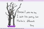 Nesta imagem, v-se uma mini-rvore bonsai, tpica da cultura japonesa, e a transcrio de um poema do gnero haikai em que o autor afirma no gostar de poesia, mas apreciar haikais.  Palavras-chave: Natureza. rvore. Japo. Contradio. Literatura, poema, haiku.