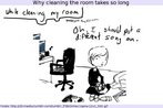 Nesta imagem, uma menina tenta limpar o quarto, mas se distrai várias vezes mudando a música que quer ouvir no computador. (Por que limpar o quarto demora tanto).  Palavras-chave: Tarefa. Verbos. Expressão idiomática. Trabalho.