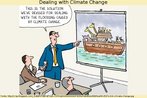 Nesta charge, um executivo apresenta a solução para as mudanças climáticas: a utilização de uma arca como a construída no relato bíblico de Noé.  Palavras-chave: Bíblia. Intertextualidade. Ironia. Environment. Aquecimento.