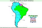 Mapa da Amrica do Sul indicando as lnguas faladas na regio. Destaca-se ao norte a Guiana, ex-colnica espanhola, holandesa e, finalmente, britnica at a dcada de 60.  Palavras-chave: Idiomas. Lngua inglesa. Geopoltica.