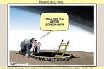 Charge abordando a crise financeira mundial (2008 em diante). Um homem se debrua sobre um grande buraco no cho e grita para algum no interior: "Eu perguntei se voc no achou o fundo ainda!". Palavras-chave: Problema. Profundidade. Economia. Globalizao. Charge.