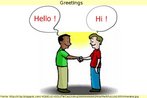Nesta imagem, dois homens (desenhados) se cumprimentam - um com "Hello" e outro com "Hi".  Palavras-chave: Saudao. Vocabulrio. Educao. Pontuao.