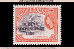 Foto de um selo de postagem com a efgie da Rainha Elizabeth II da Inglaterra, lembrando a independncia da colnia em 1966, anterior  proclamao da Repblica, em 1970. Palavras-chave: Guiana. Histria. Minerao. Lngua inglesa. Imperialismo.