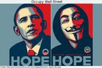 Nesta figura,  feita uma montagem do cartaz da campanha de Barack Obama para presidente dos Estados Unidos (2008/2009), ao lado de "V", personagem do filme "V de Vingana". A mscara de V se popularizou durante a srie de manifestaes em Nova Iorque que sucedeu a onda de protestos no Oriente Mdio conhecida como "Primavera rabe". As manifestaes ocidentais ficaram conhecidas como "ocupaes", e se notabilizaram pela manifestao da insatisfao das populaes jovens contra as atitudes dos governos mundiais diante da crise que se iniciou em 2008 e se alastrou pelo mundo. Entre os trechos de filmes, voc encontra vrios relacionados ao filme "V de Vingana". Palavras-chave: Guy Fawkes. Protesto. Autoritarismo. Democracia.