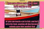 Nesta imagem, v-se um gato sobre um barco.  parte, a frase: "Voc pode dar um peixe a um gato, e ele ter comida por um dia. Ou voc pode ensin-lo a pescar, e ele vai ficar sentado no barco, amuado o dia inteiro porque ningum lhe deu outro peixe para comer". Palavras-chave: Parfrase. Pardia. Ditado. Preguia.