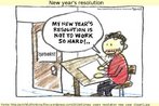 Neste desenho, um cartunista, assentado  mesa de trabalho, afirma: "Minha deciso de ano novo  no trabalhar tanto". Palavras-chave: Deciso. Profisso. Apstrofo. Genitivo.