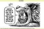 Nesta charge, um soldado est dentro da boca de um leo, e diz: "No importa a concluso a que voc chegue sobre como eu vim parar aqui. Voc tem de concordar que o difcil  dizer como vou sair". Palavras-chave: Phrasal verb. Expresses idiomticas. Animal. Coragem. Preposio.