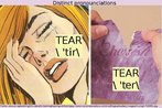 Nesta imagem, v-se o desenho de uma mulher chorando e de mos rasgando um papel. A referncia  a palavra "tear", que tem os sentidos de lgrima e de rasgar, sendo que em cada acepo tem uma pronncia diferente. Palavras-chave: Prosdia. Lxico. Homgrafo. Classes de palavras.