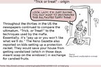 Reproduo de um texto que procura explicar a origem da brincadeira "Trick or treat" (Doces ou travessuras), tpica do feriado estadunidense do Halloween. O texto associa a expresso s ameaas utilizadas pela mfia e que teria se incorporado nos costumes locais. Palavras-chave: Crime. Violncia. Segurana. Polcia. Proteo.