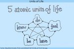 Organograma baseado na ideia de "cinco unidades atmicas da vida". So mostrados os verbos: fazer, sentir, sentir, ter, ser, saber. Todas as palavras so interligadas. Palavras-chave: Interpretao. Inferncia. Classes de palavras.