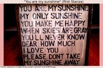 Foto de uma placa contendo a primeira estrofe da cano "You are my sunshine", lanada em 1939 pelo cantor Jimmie Davis. Palavras-chave: Msica popular. Declarao. Pronomes. Lyrics. Romantismo.