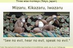 Foto da representao dos "trs macacos sbios", que, na cultura japonesa, referem-se  recomendao de no ouvir o mal, no falar o mal e no escutar o mal. Palavras-chave: Japo. Sabedoria. Cultura. Interculturalidade. Negao.