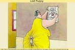 Nesta charge, uma mulher obesa pendura a um poste um cartaz anunciando a perda de seu cachorro. Este, porm, est preso entre os glteos da dona. Palavras-chave: Exagero. Peso. Animal. Estimao. Perda. 