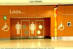 Foto das portas de entrada para os sanitrios de um estabelecimento. Veem-se tambm os smbolos indicativos feminino, masculino e cadeirante. Palavras-chave: Toilet. Banheiro. Sanitrio. Loo. Variedade lexical.