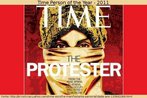 Foto da capa da revista Time, com uma representao da personalidade do ano de 2011, o "Protester", personagem que representa os participantes das diversas manifestaes contra aes governamentais em relao  crise e  sociedade, em vrios pases. Palavras-chave: Comunicao. Identidade. Primavera rabe. Occupy Wall Street.