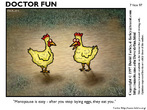 Uma galinha explica  outra o significado de menopausa - periodo, segundo ela, quando elas param de produzir ovos, e so destinadas ao abate.  Palavras-chave: ovo, produo, vida, fertilidade, dvida.