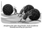 Nesta tira, um besouro, com chapu de chef de cozinha,  descrito como pedante.  Palavras-chave: esnobe, inseto, autoimagem, autoestima, julgamento.